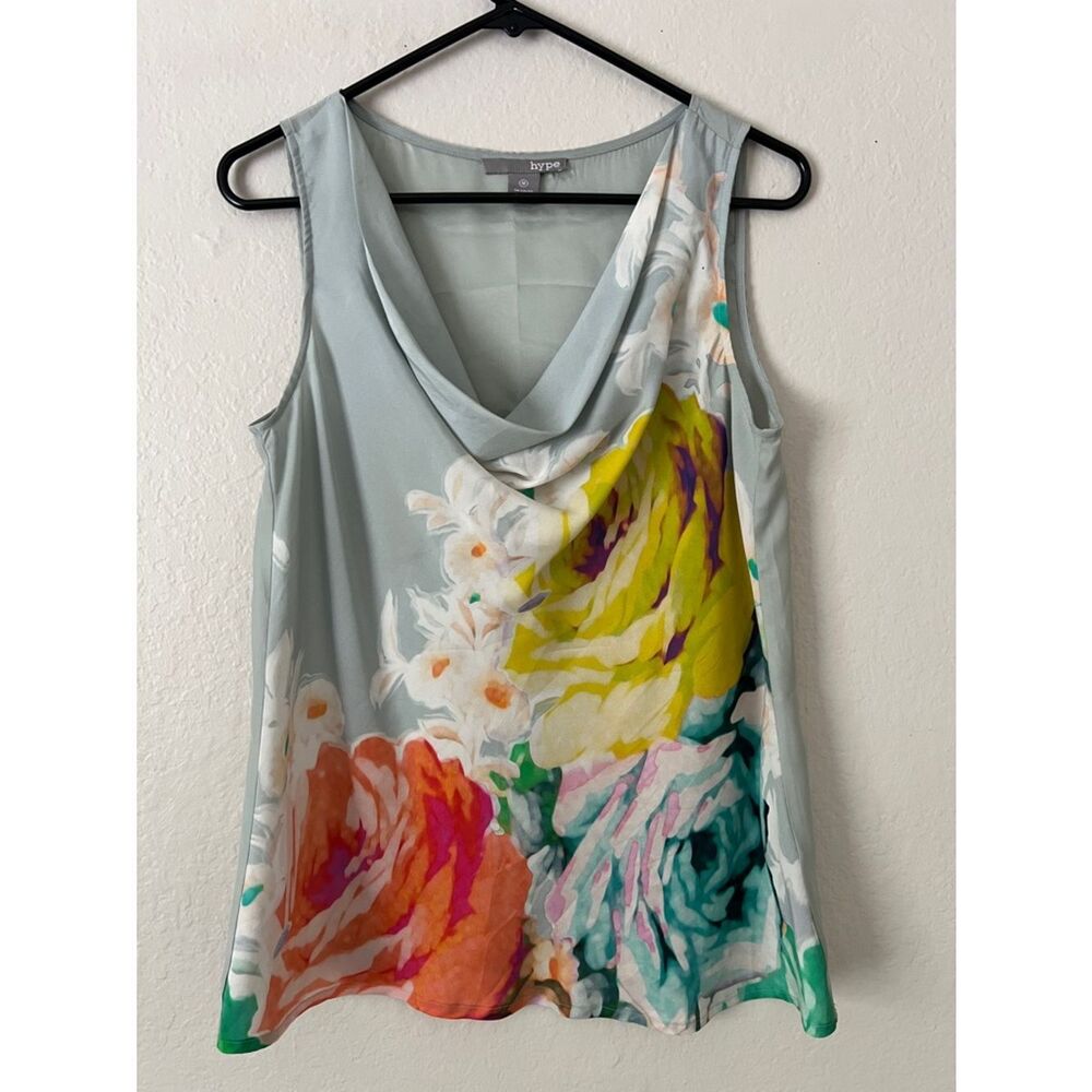 EUC Anthropologie Hype Silk Multicolor Print Drape Neck Tank Tunic Top in M